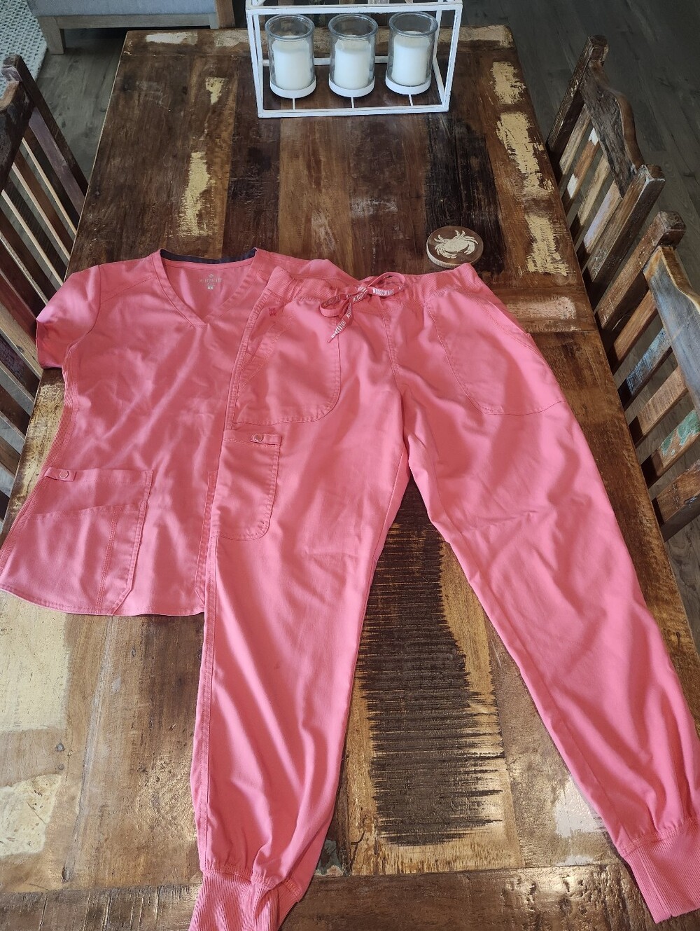 Med Couture Coral Pink Scrub Top and Jogger Pants Set (S/M)